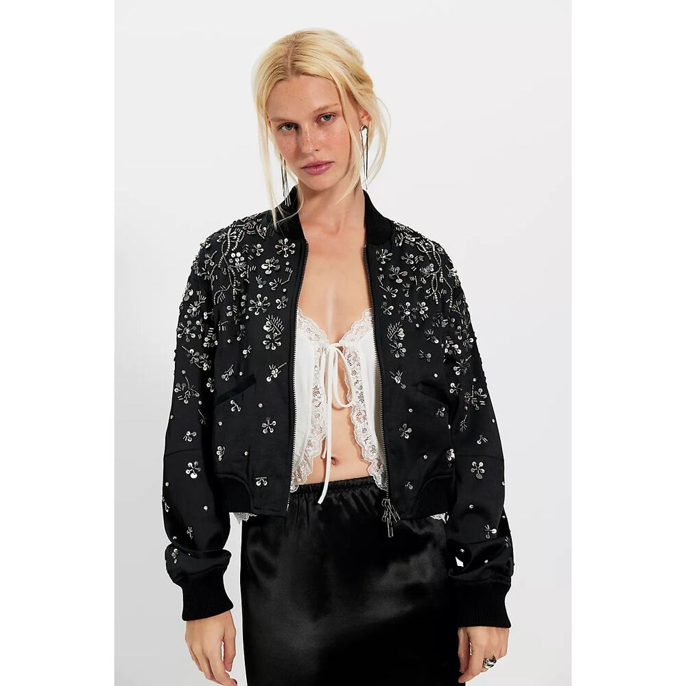 Free People Stassi Embellished satin black bomber jacket